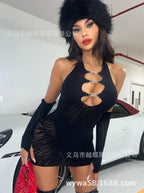 Hollow Out Long Sleeve Bodycon Dress - Chain Detail