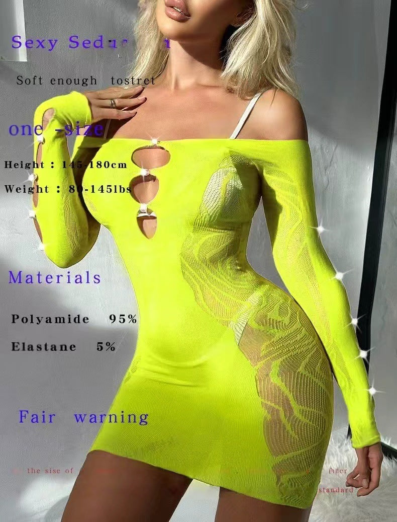 Pearl Hollow Out Mesh Dress - Long Sleeve Bodycon Style