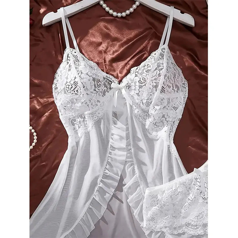 Ethereal Tulle Nightgown Set - Sheer V-Neck Sleepwear