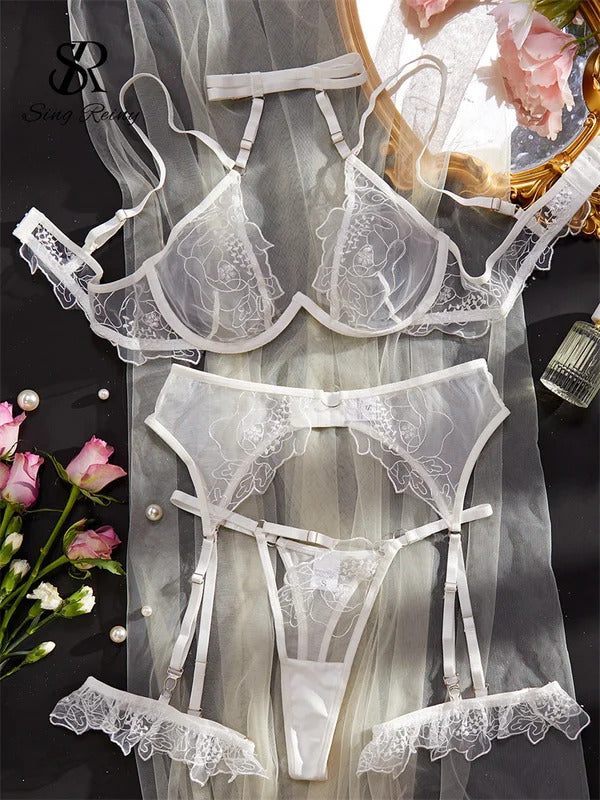 Goddess Embroidery Halter Set - 3 Piece Sheer Shapewear