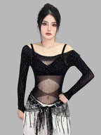 Rhinestone Mesh Set - Sheer Nightwear with Stockings