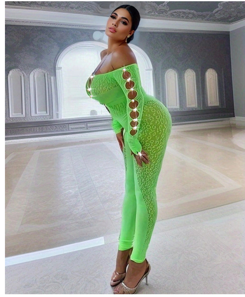 Plus Size Leopard Print Bodysuit - High Waist Slim Mesh Pajama Set