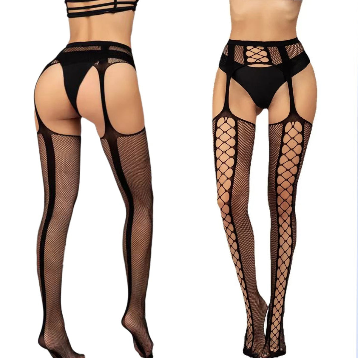 Fishnet Garter Stockings Set - Slim Fit Thigh Highs with Belt