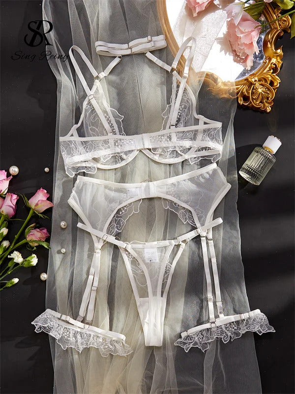 Goddess Embroidery Halter Set - 3 Piece Sheer Shapewear