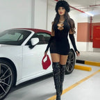 Hollow Out Long Sleeve Bodycon Dress - Chain Detail