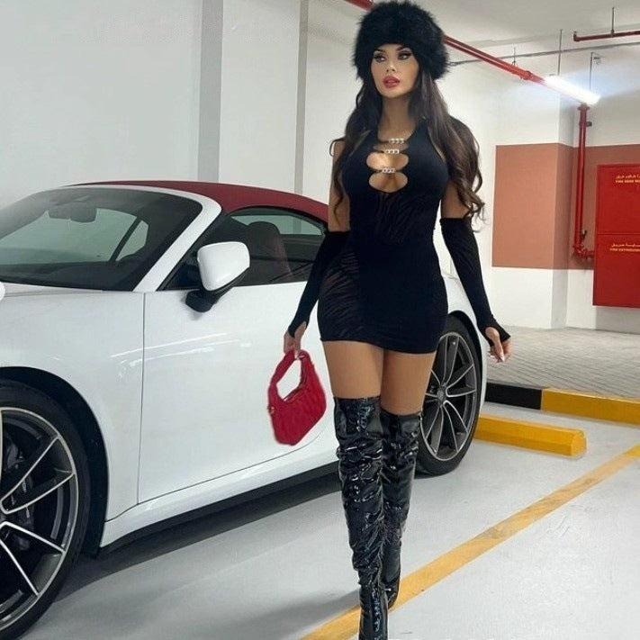 Hollow Out Long Sleeve Bodycon Dress - Chain Detail