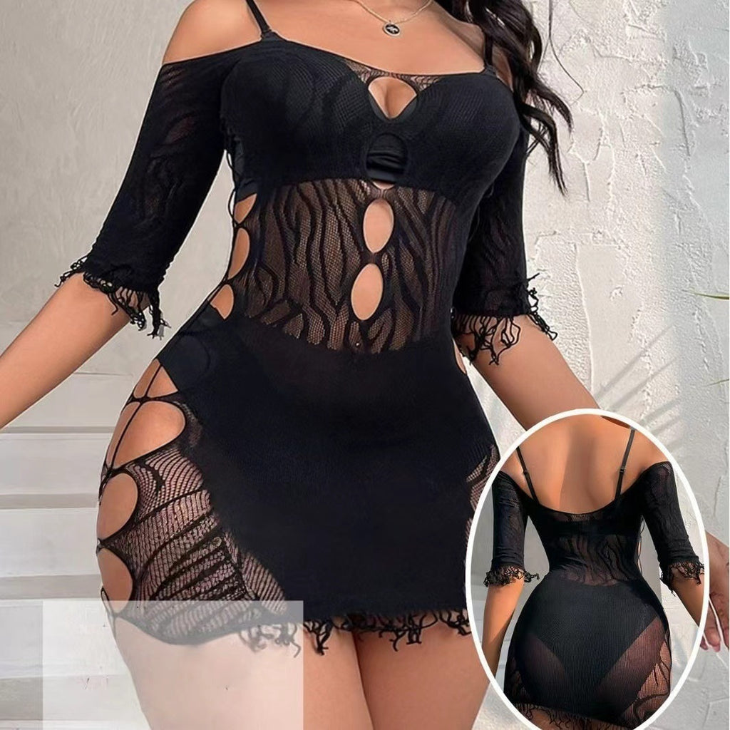 Hollow Out Mesh Bodycon Short Skirt Set - Bodysuit Style