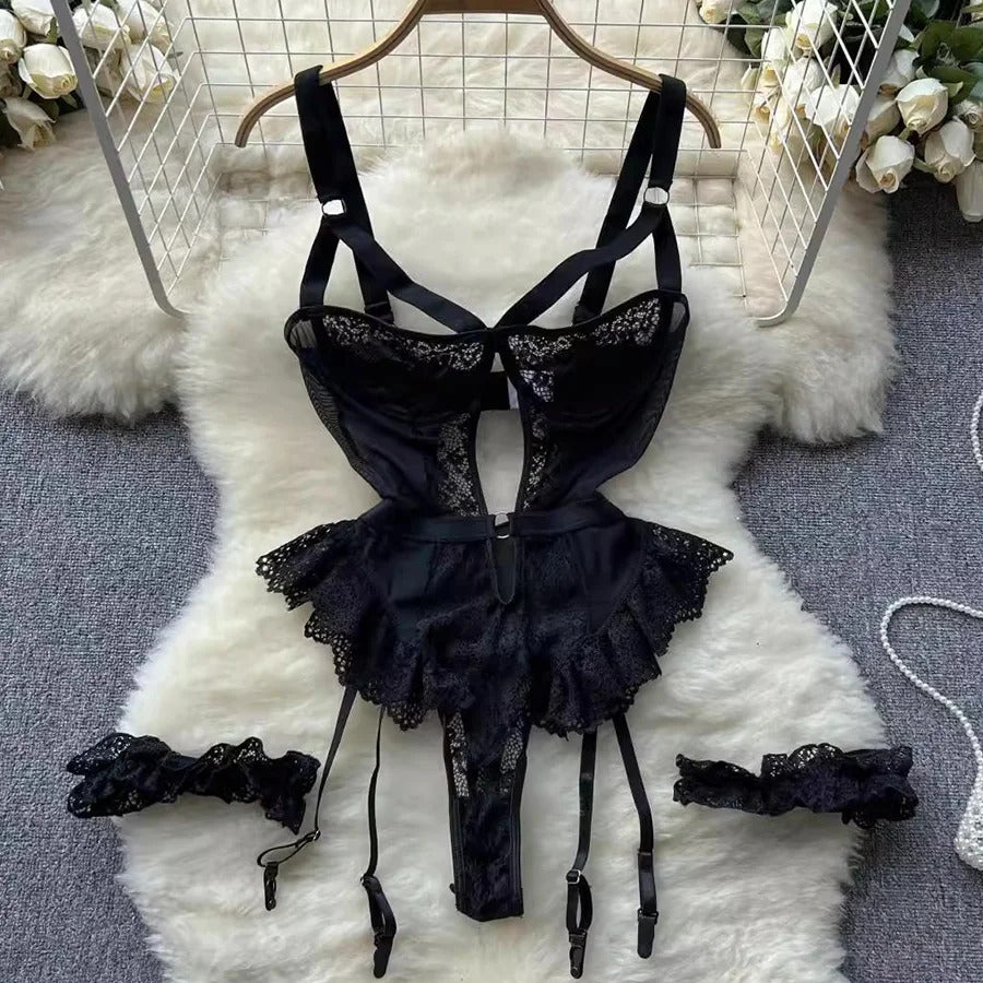 Midnight Allure Lace Bodysuit - Sheer Mesh Garter Set