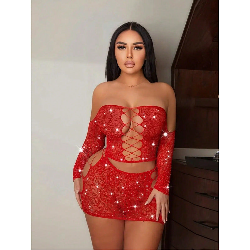 Rhinestone Tube Top Mesh Dress - Two-Piece Bodycon Set