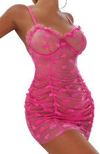 Sheer Heart Mesh Babydoll Set - Ruffle Cami Lingerie with Thong