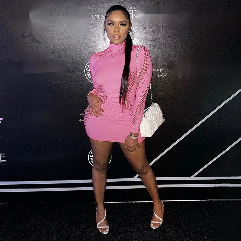 One-Piece Hollow Out Bodysuit - Short Style Half High Neck Long Sleeve