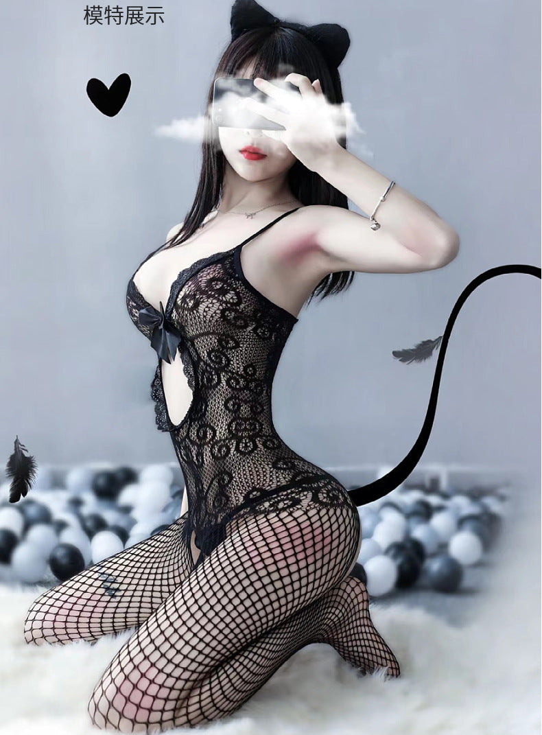 Plus Size Lace Trim Bodysuit with Stockings - Sleepwear Set