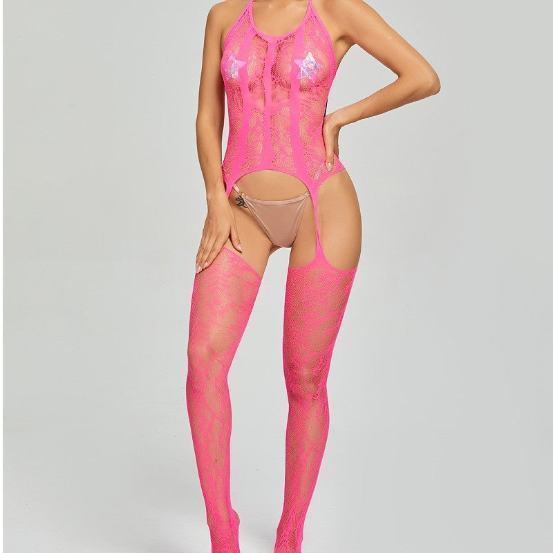 Jacquard Mesh Bodysuit Set with Stockings - One Piece Design