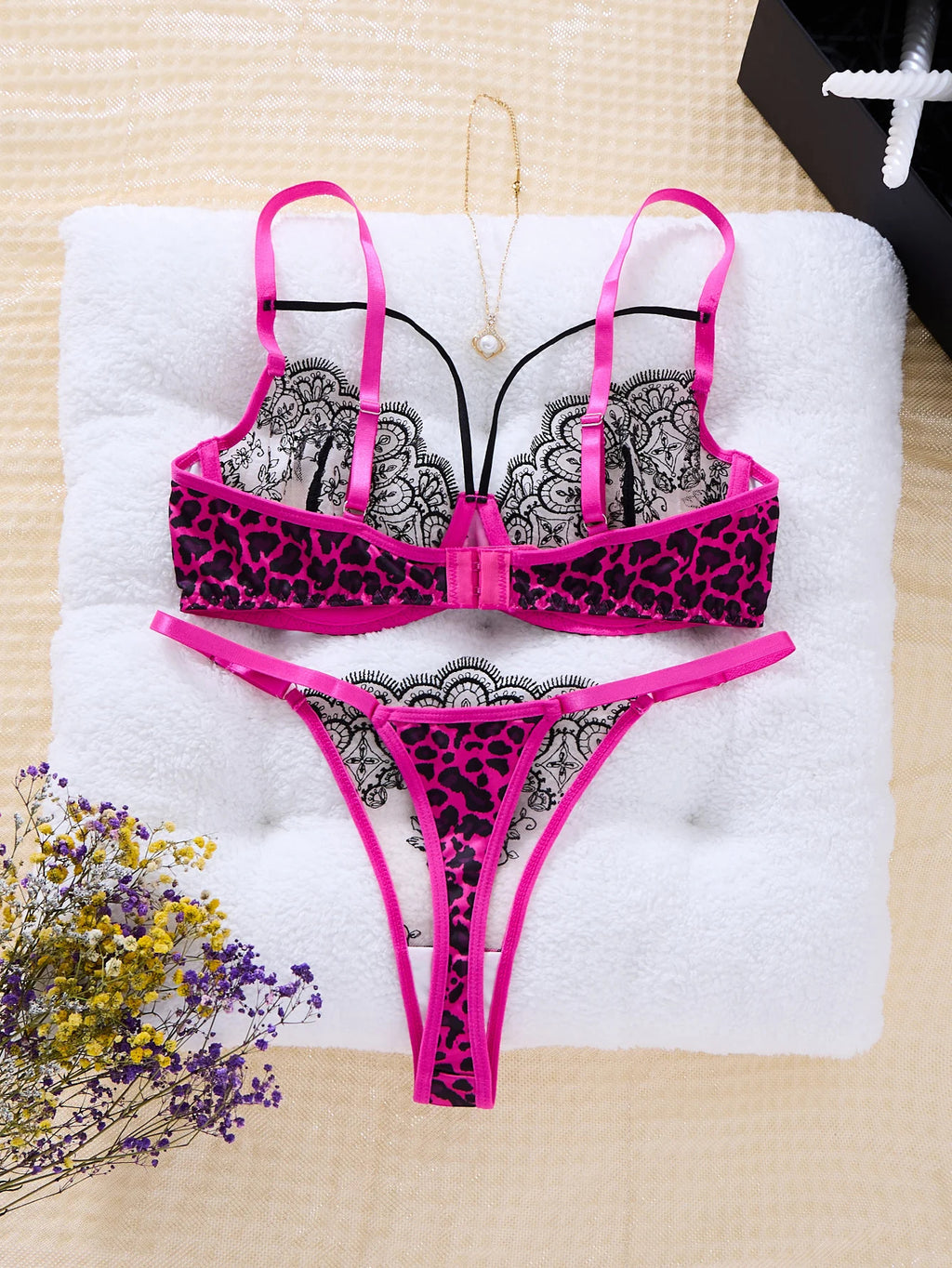 Wild Romance Leopard and Floral Set - Black Lace Lingerie