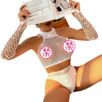 Glamorous Plus Size Rhinestone Mesh Set - Elegant Outfit