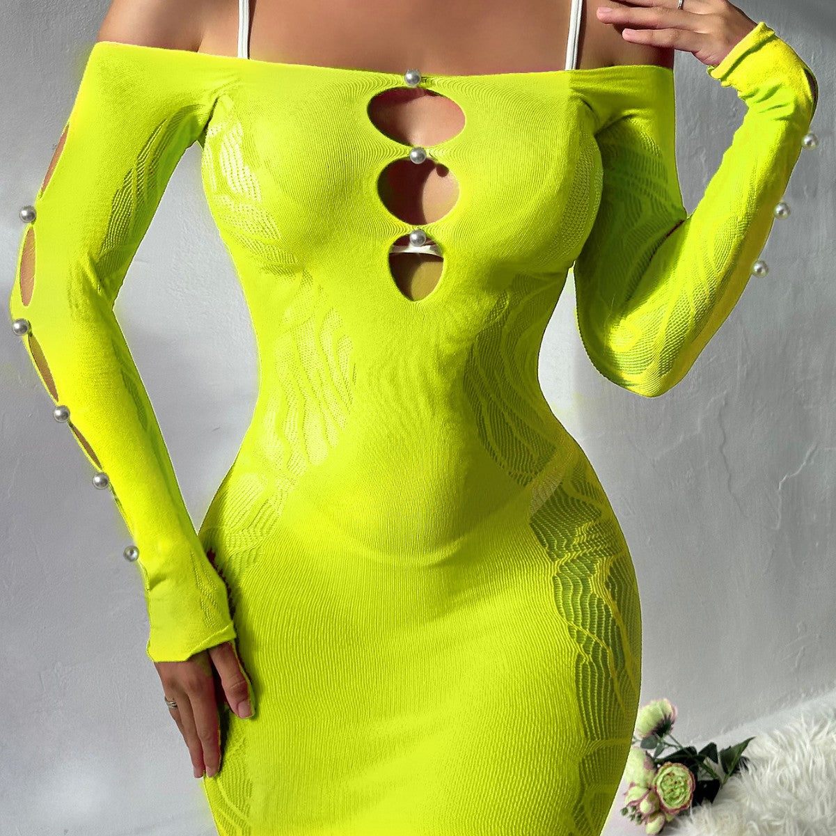 Pearl Hollow Out Mesh Dress - Long Sleeve Bodycon Style