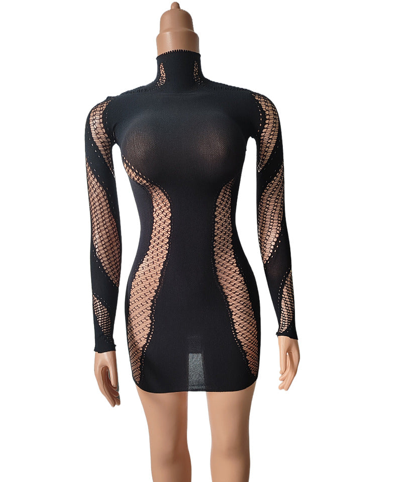 One-Piece Hollow Out Bodysuit - Short Style Half High Neck Long Sleeve