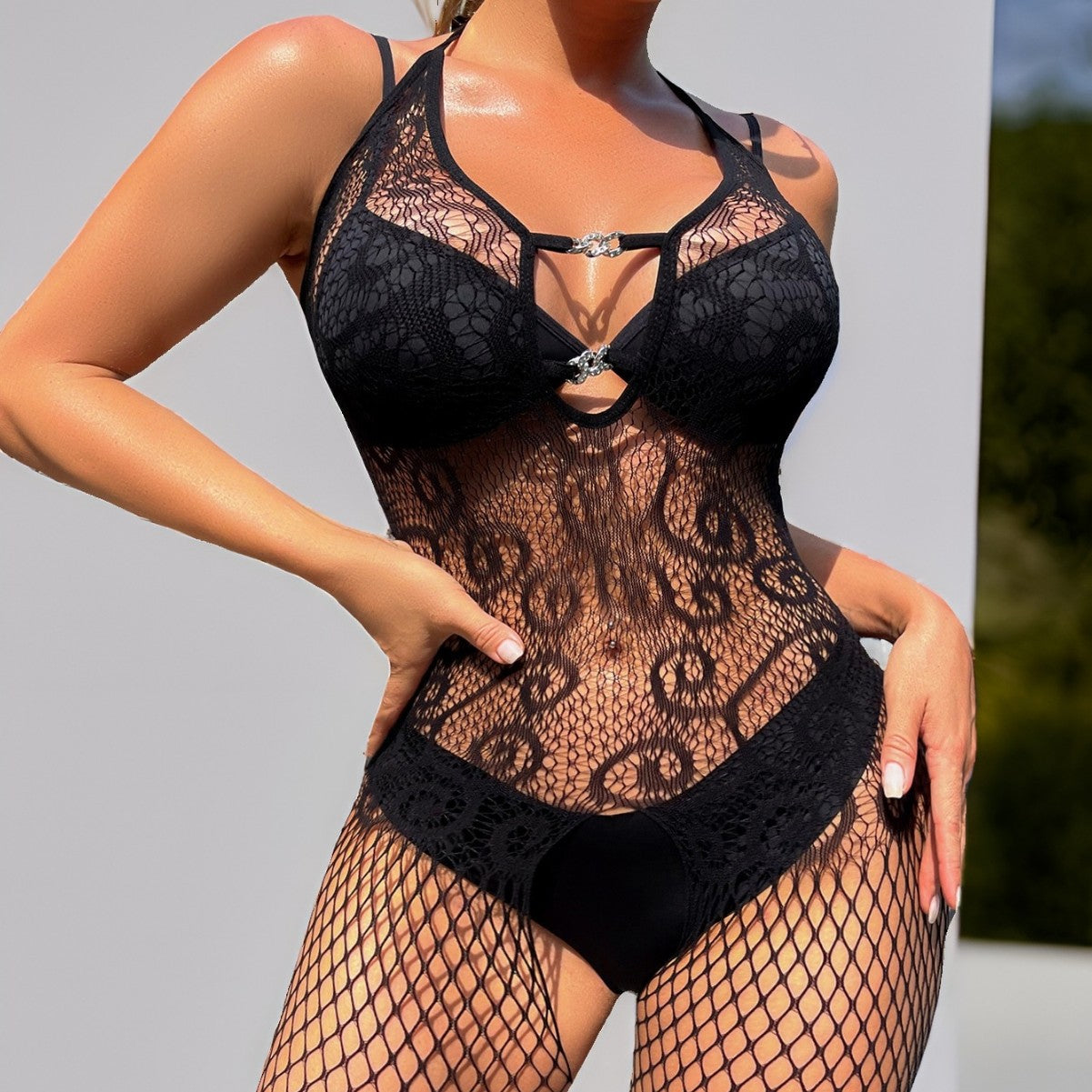 Lace Mesh Bodysuit - One Piece with Stockings