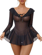 Romantic Ruffles Off-Shoulder Babydoll - Long Sleeve Nightgown