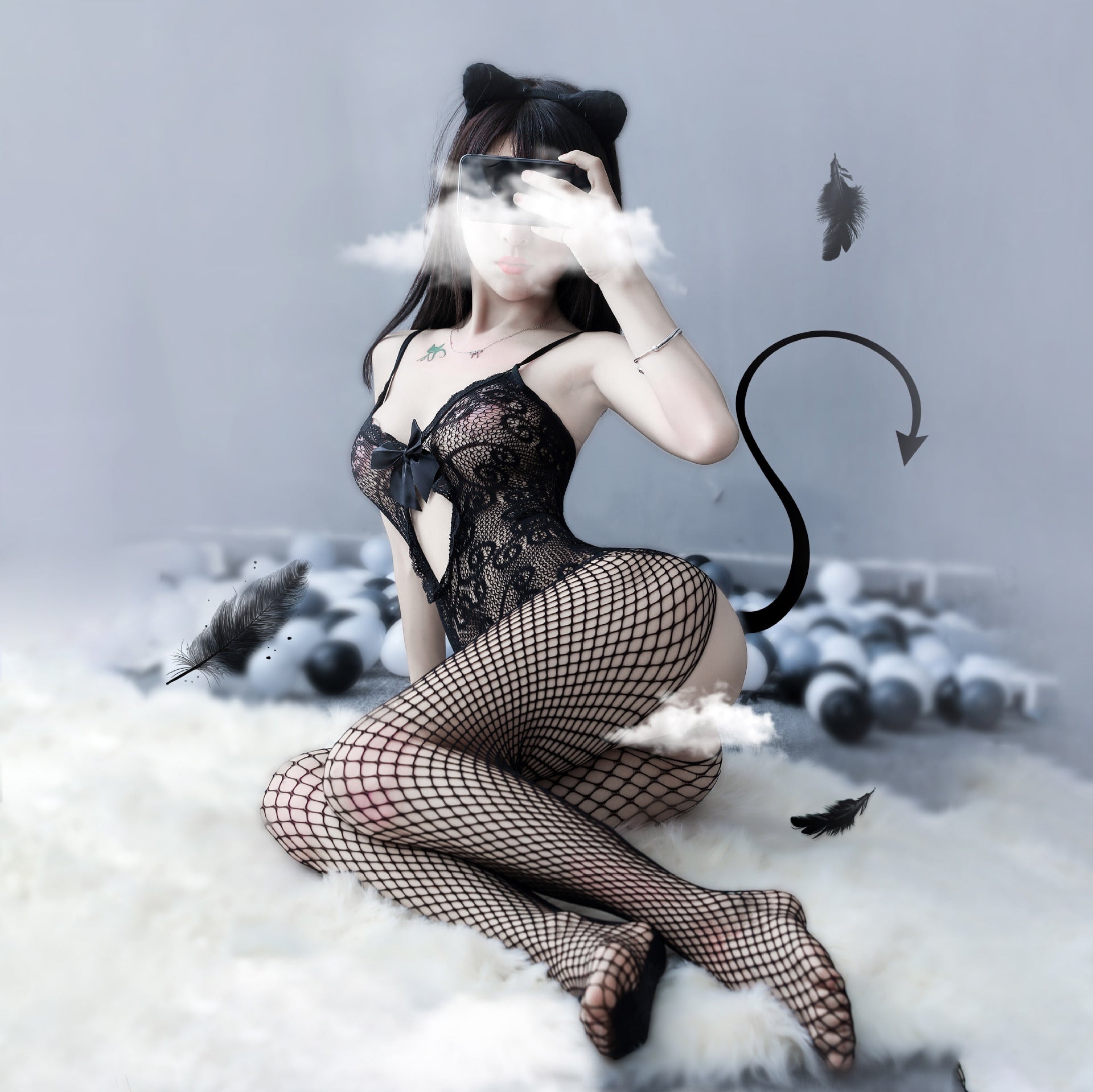 Plus Size Lace Trim Bodysuit with Stockings - Sleepwear Set