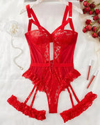 Midnight Allure Lace Bodysuit - Sheer Mesh Garter Set