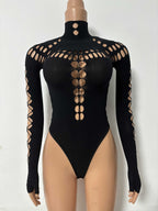 Hollow Out One-Piece Mesh Bodysuit - Nightwear