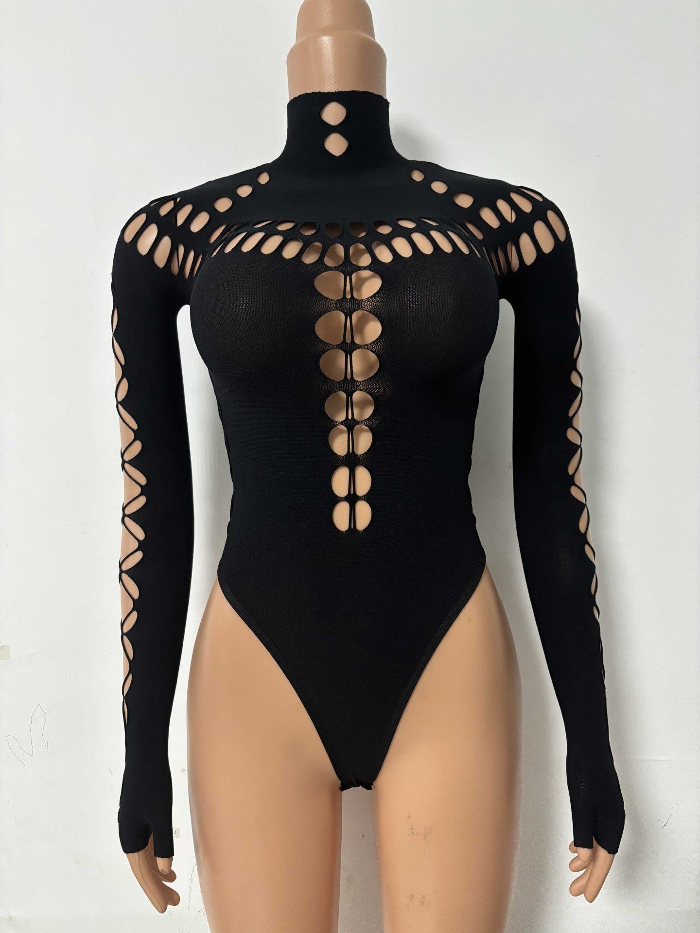 Hollow Out One-Piece Mesh Bodysuit - Nightwear