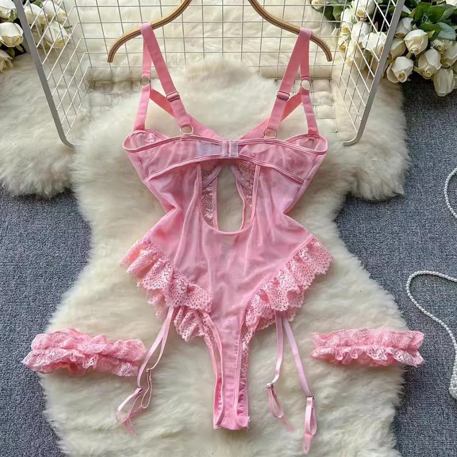Midnight Allure Lace Bodysuit - Sheer Mesh Garter Set