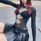 Rhinestone Mesh Set - Sheer Nightwear with Stockings