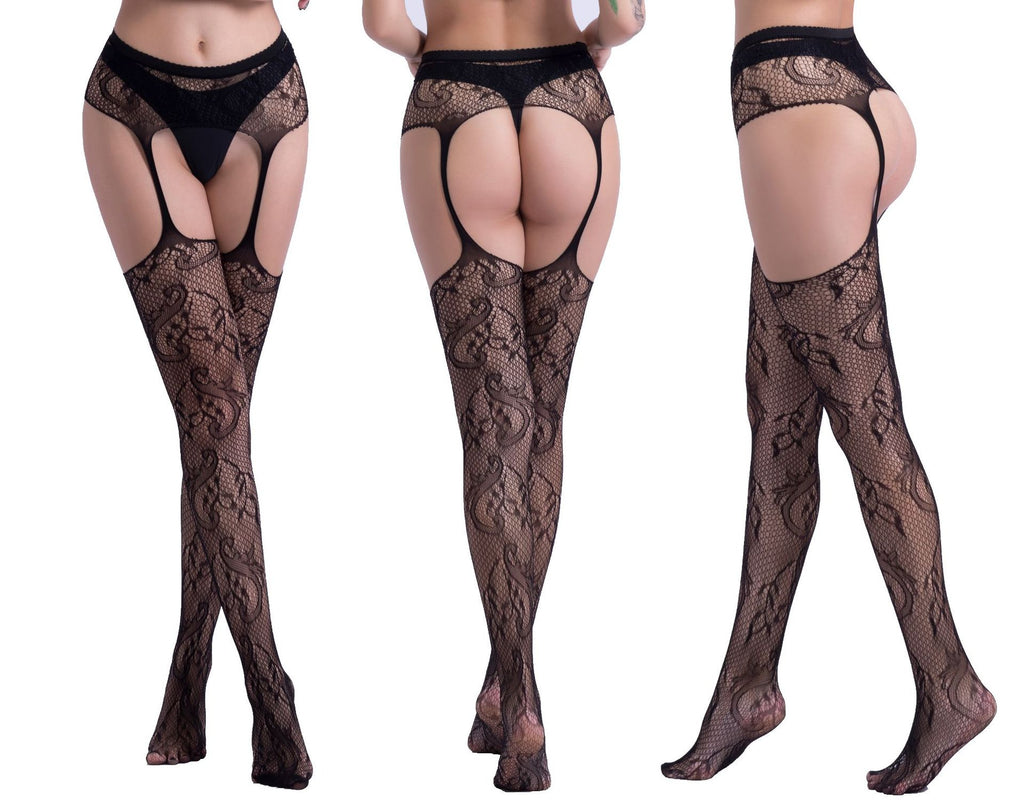 Jacquard Fishnet Pantyhose with Garter - Patterned Tights