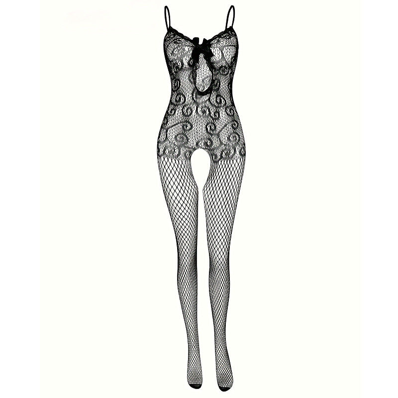 Plus Size Lace Trim Bodysuit with Stockings - Sleepwear Set