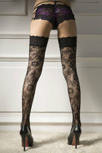 Lace Trim Thigh High Socks - Jacquard Pattern
