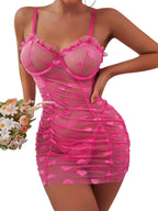 Sheer Heart Mesh Babydoll Set - Ruffle Cami Lingerie with Thong