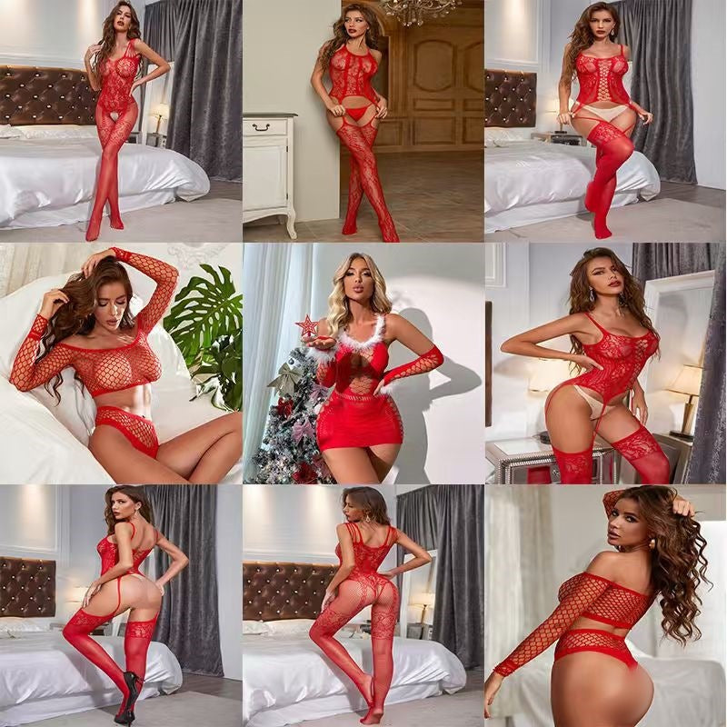 Plus Size Christmas Mesh Nightwear with Stockings - Holiday Set