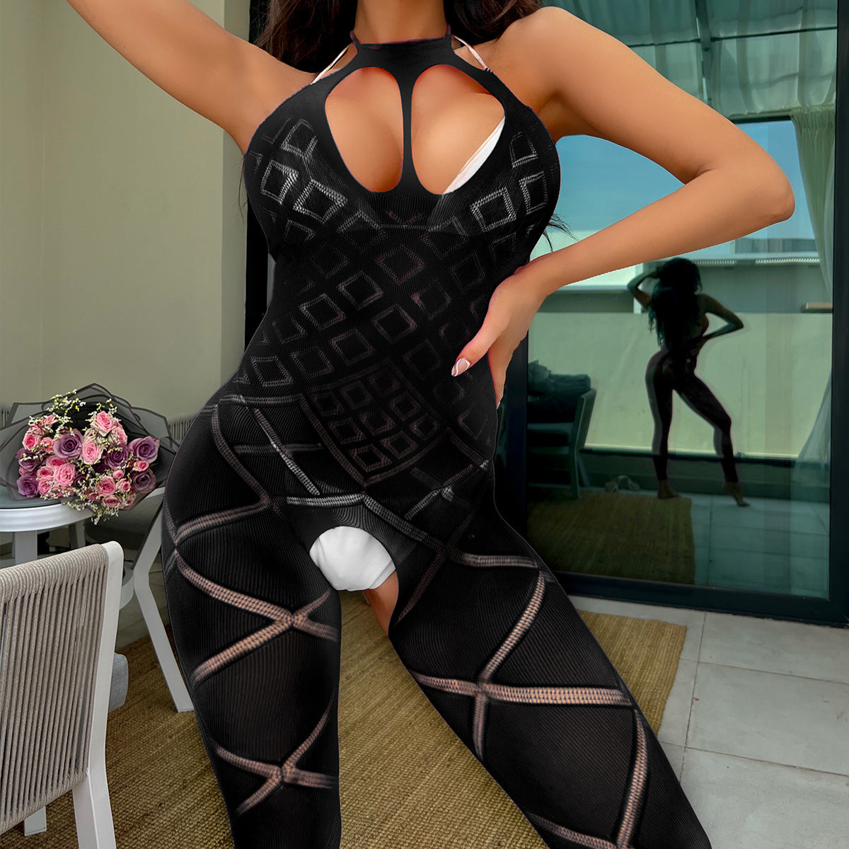 Backless Mesh Bodysuit - Tight-Fitting Hollow Out Design