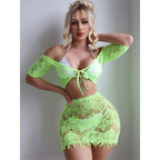 Short Sleeve Off-Shoulder Mesh Tie Set Dress - Bright Color Series