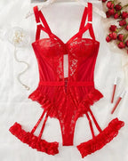 Midnight Allure Lace Bodysuit - Sheer Mesh Garter Set