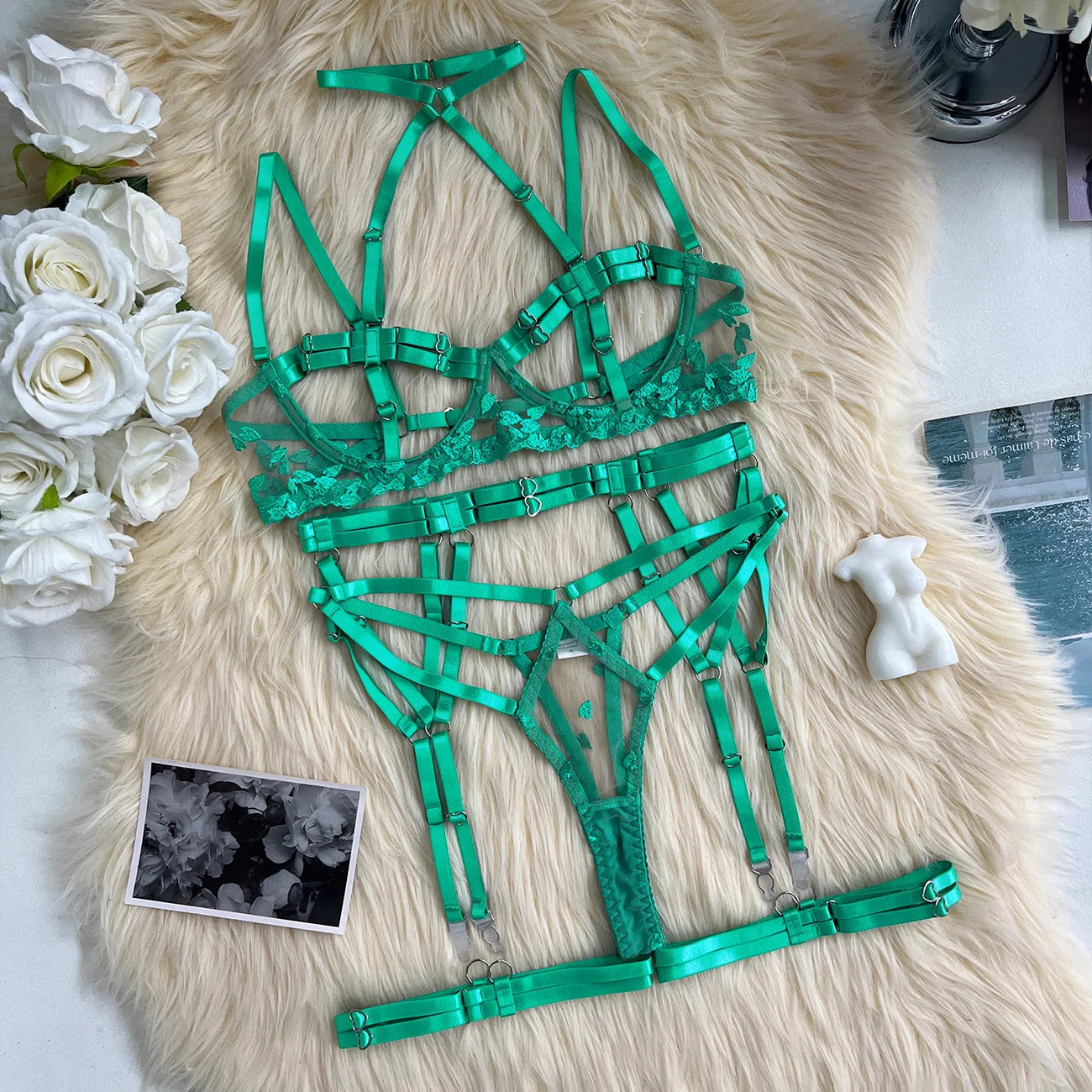 Romance in Straps Lace Lingerie - Elegant Bra and Panty Set