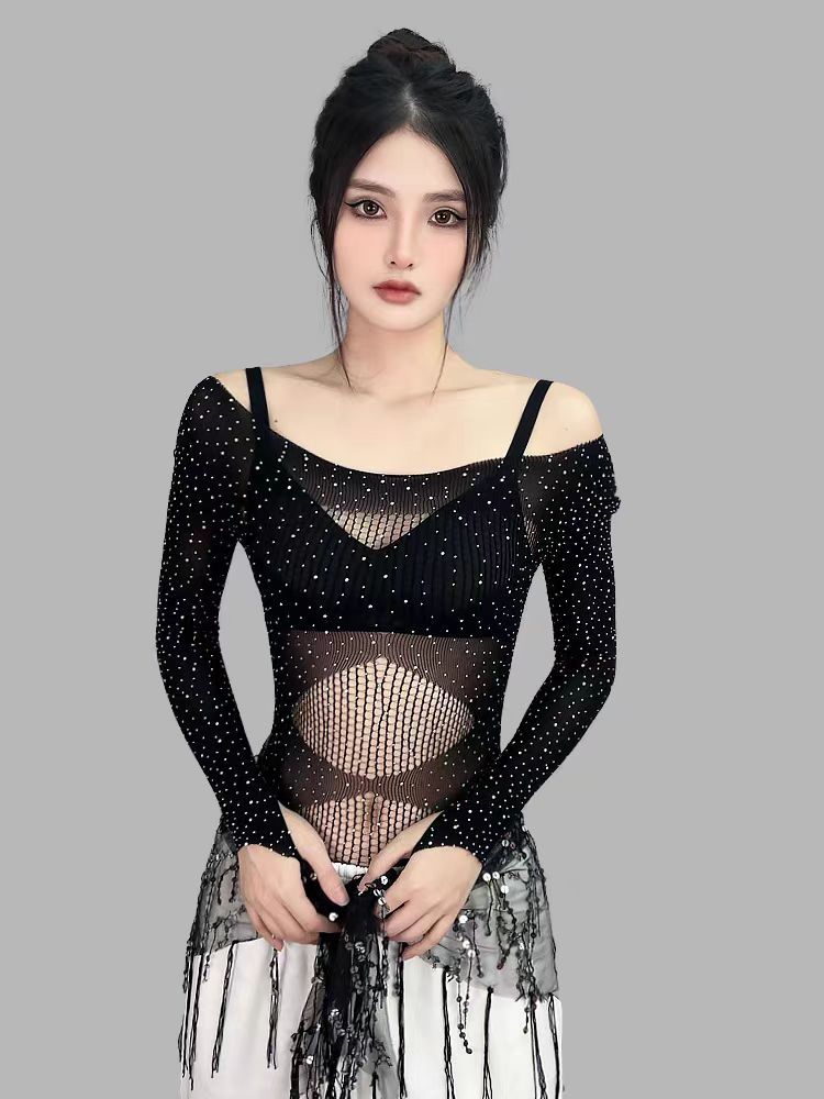 Rhinestone Mesh Set - Sheer Nightwear with Stockings