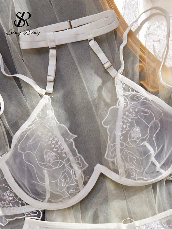 Goddess Embroidery Halter Set - 3 Piece Sheer Shapewear