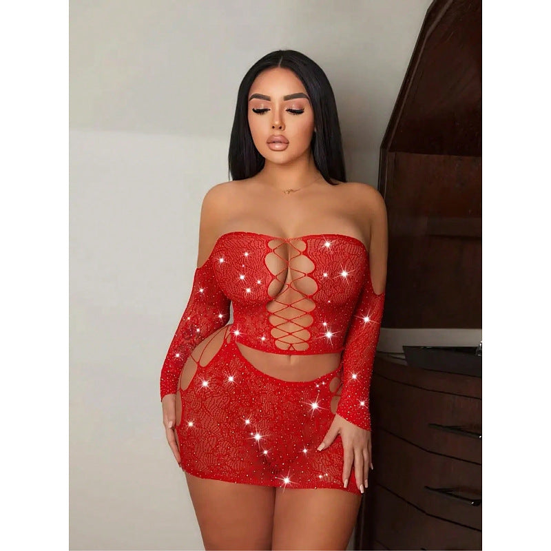 Rhinestone Tube Top Mesh Dress - Two-Piece Bodycon Set