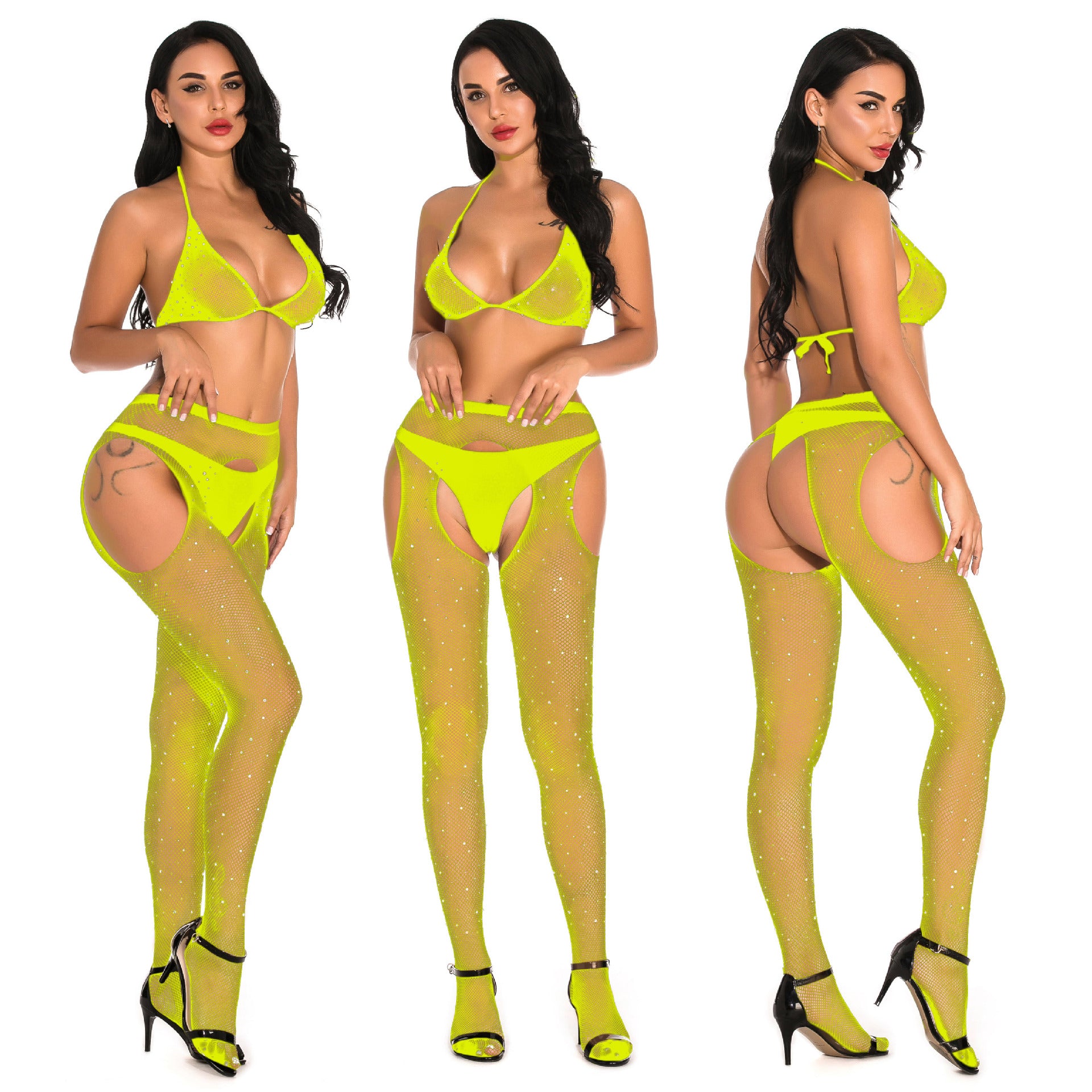 Rhinestone Mesh Dress with Stockings - Bikini Lingerie Set