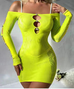 Pearl Hollow Out Mesh Dress - Long Sleeve Bodycon Style