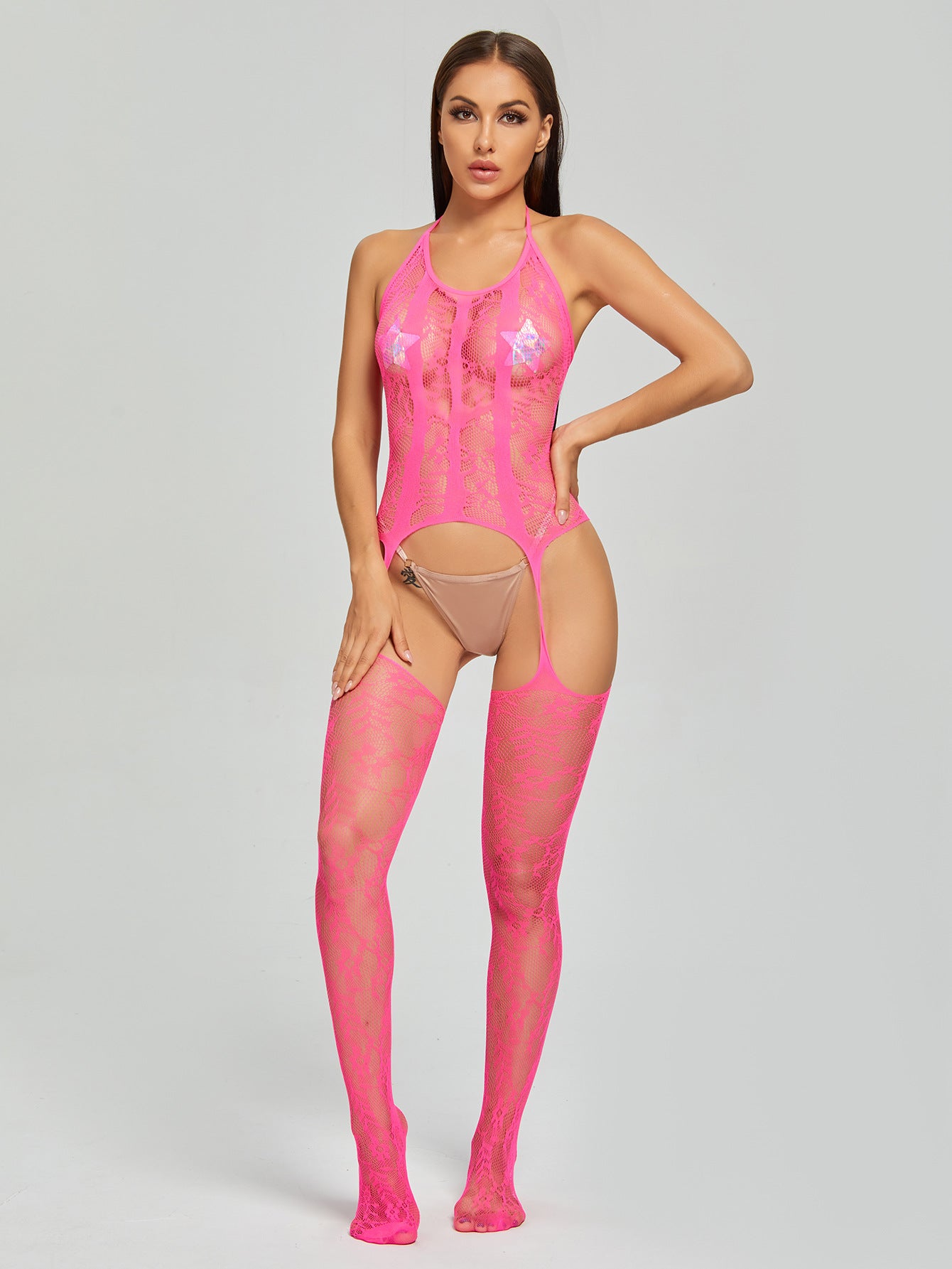 Jacquard Mesh Bodysuit Set with Stockings - One Piece Design