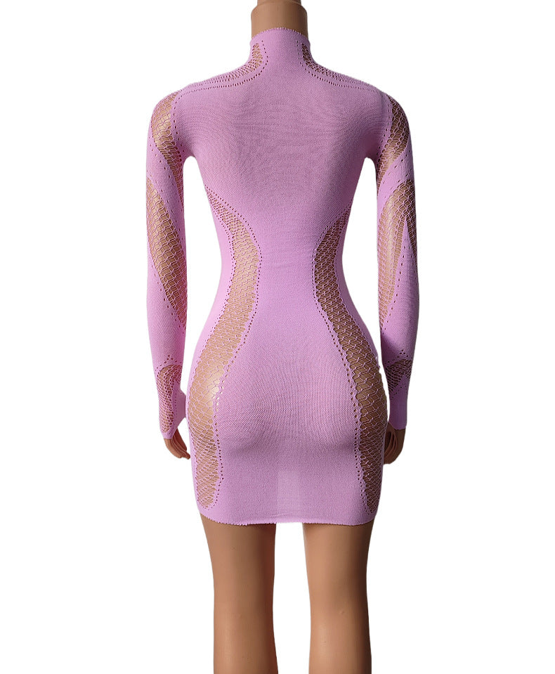 One-Piece Hollow Out Bodysuit - Short Style Half High Neck Long Sleeve