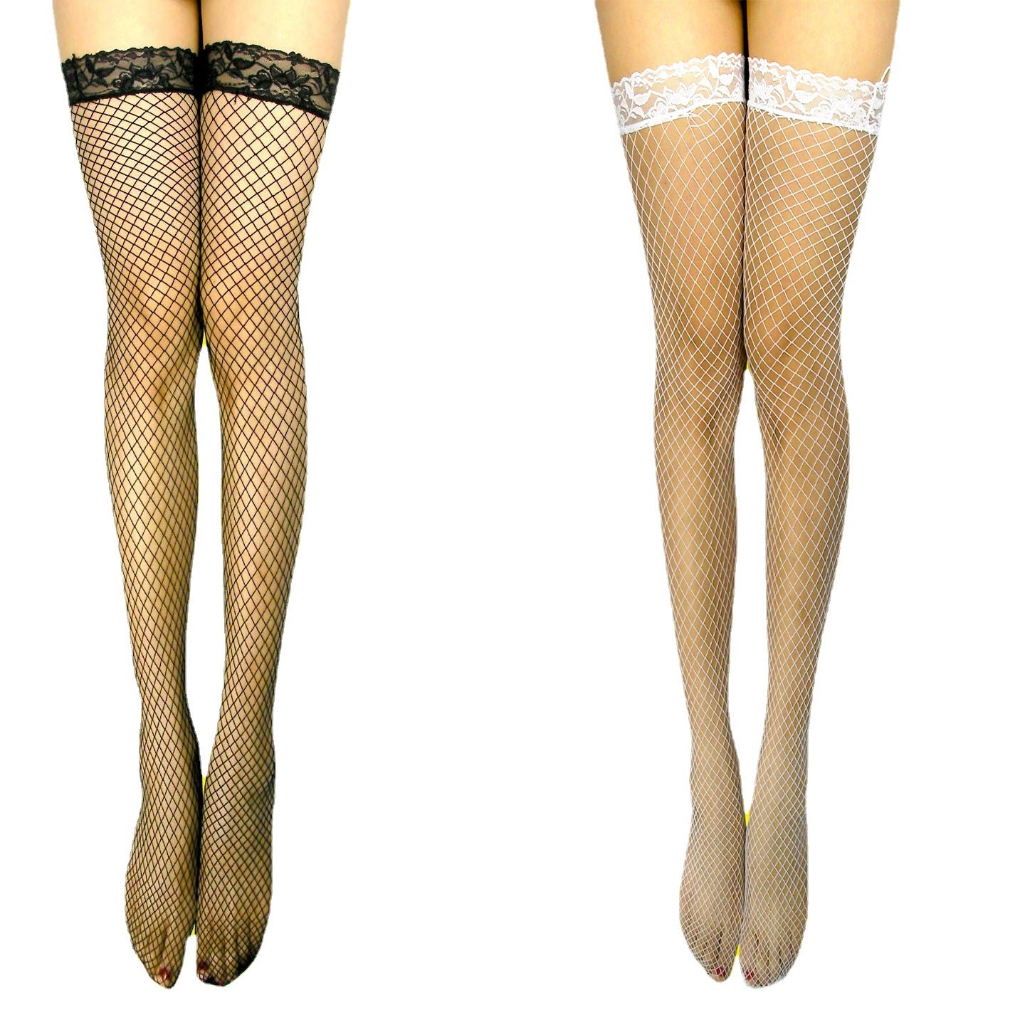 Lace Trim Thigh High Stockings - Mesh Design