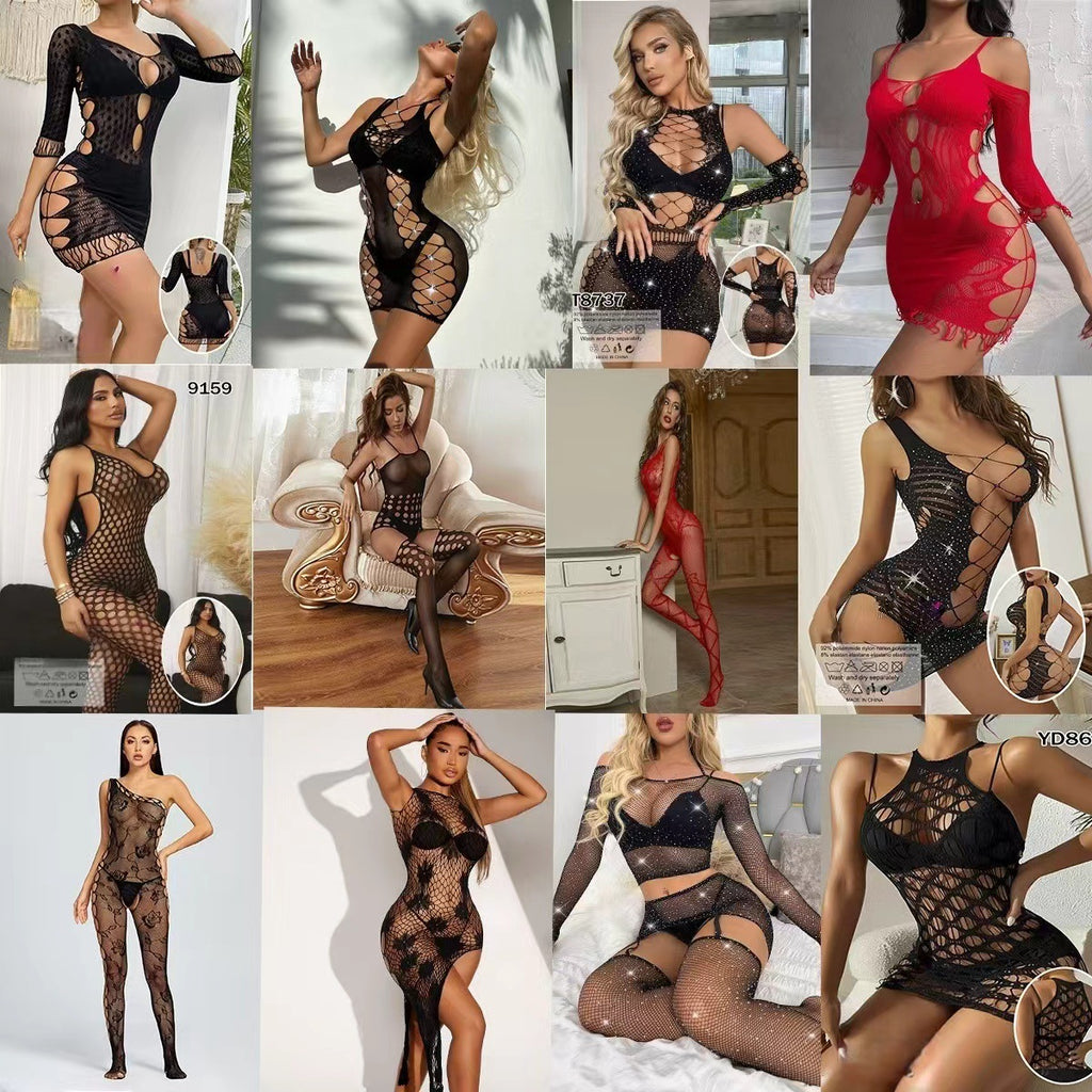 Hollow Out Mesh Bodycon Short Skirt Set - Bodysuit Style