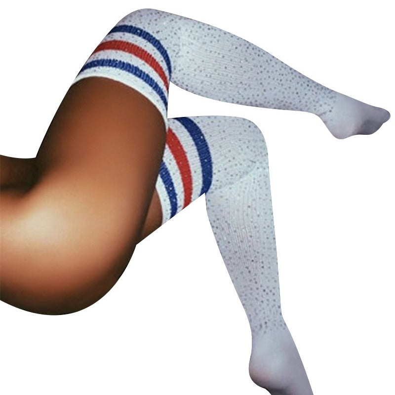 Rhinestone Over-the-Knee Socks - Three Stripe Long Tube Student Socks