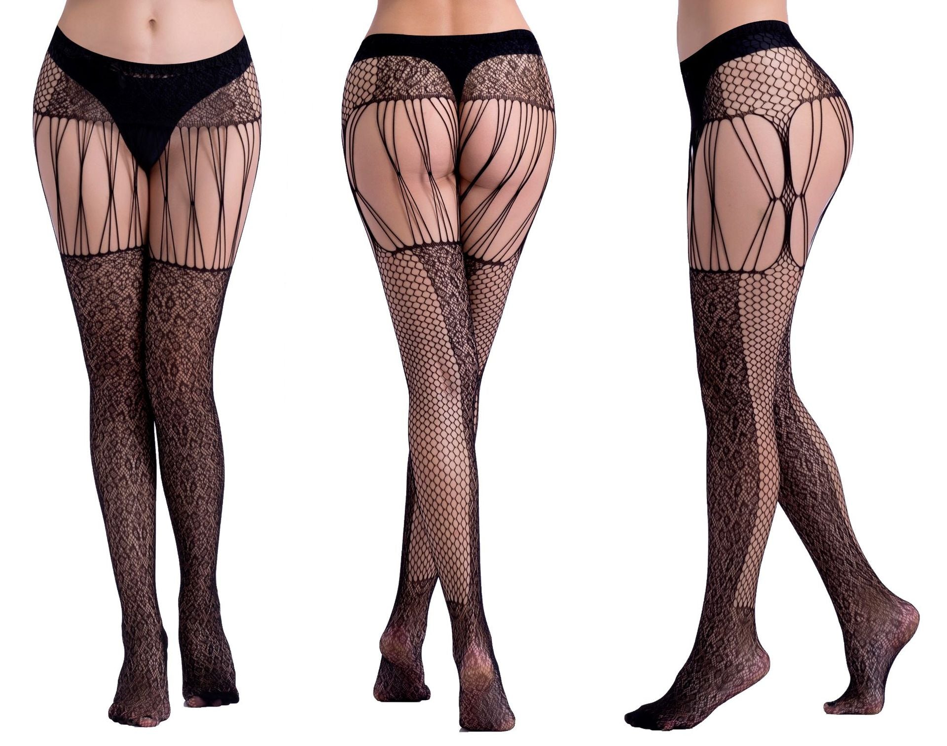 Plus Size Hollow Out Garter Pantyhose - Jacquard Fishnet Design