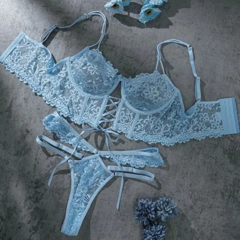 Noir Romance Floral Lace Set - Sheer Bra & Brief Collection